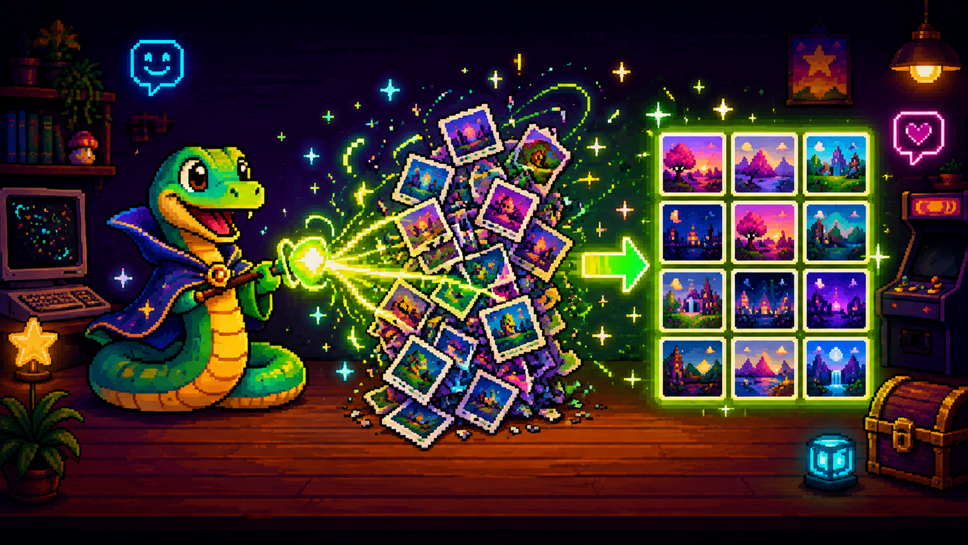 Pixel art de una serpiente maga lanzando un rayo que ordena una pila de fotos desordenadas en una cuadrícula perfecta
