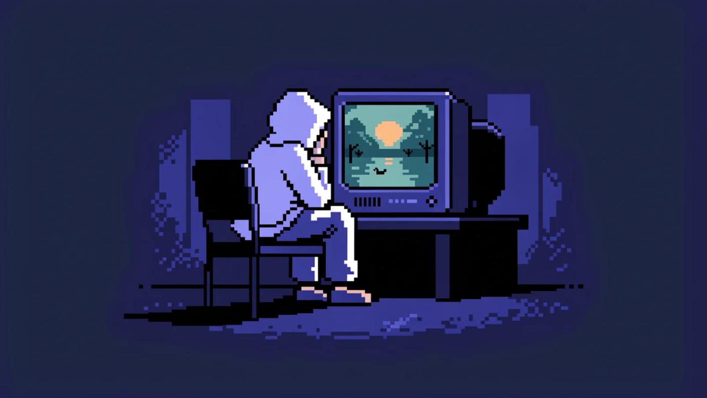 Ilustración pixel art de un personaje con sudadera, sentado de espaldas frente a una computadora antigua de monitor de tubo en un cuarto en penumbra; en la pantalla se ve un estanque tranquilo con árboles y un sol naranja saliendo.