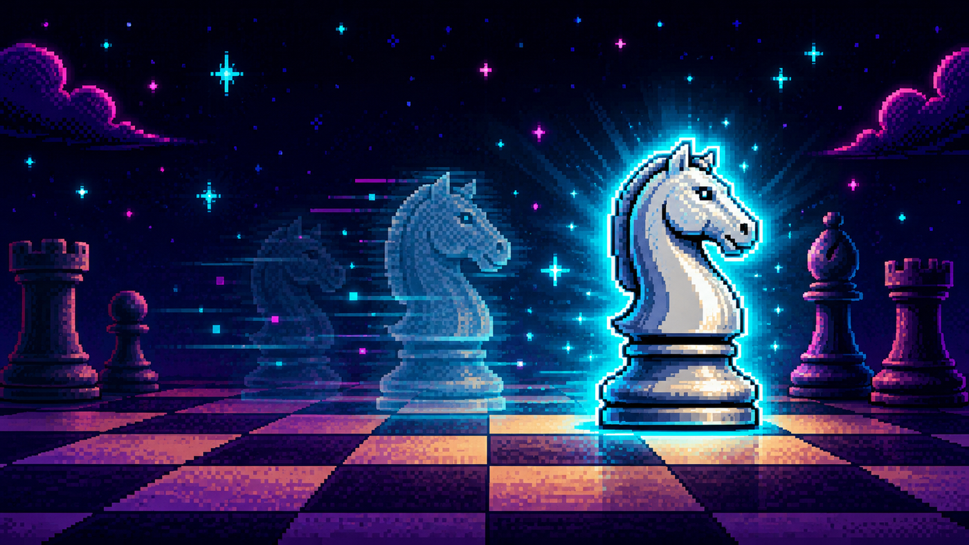 Pixel art de un caballo de ajedrez que pasa de fantasma translúcido a pieza sólida y brillante sobre un tablero neón
