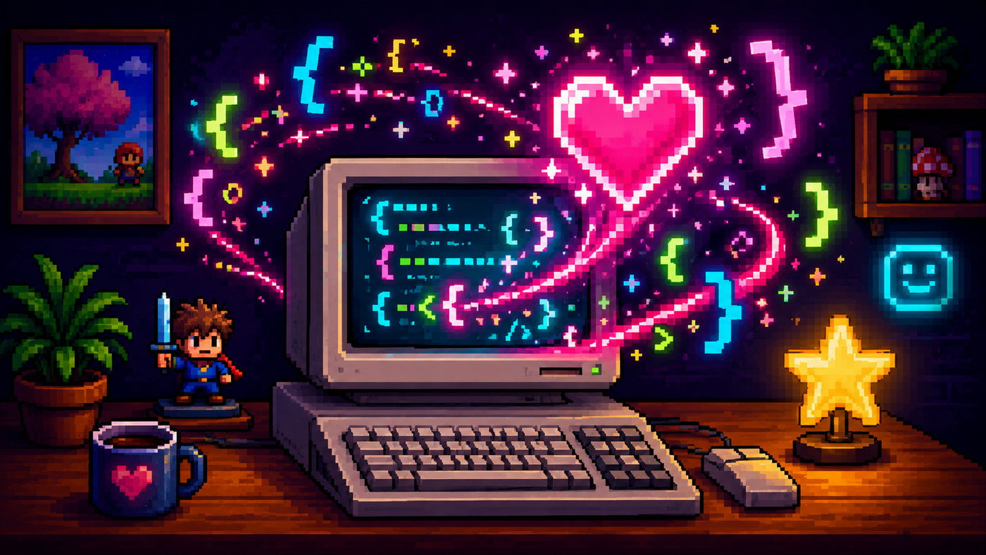 Pixel art de una computadora retro con código en pantalla y un corazón neón rosa mezclándose con llaves de código