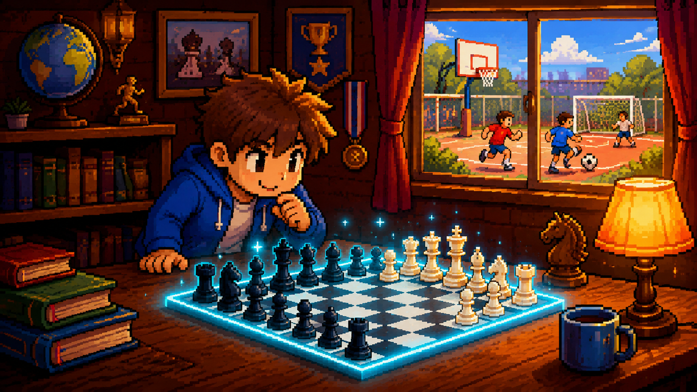Pixel art de un niño concentrado en un tablero de ajedrez brillante mientras por la ventana se ve una cancha de deportes