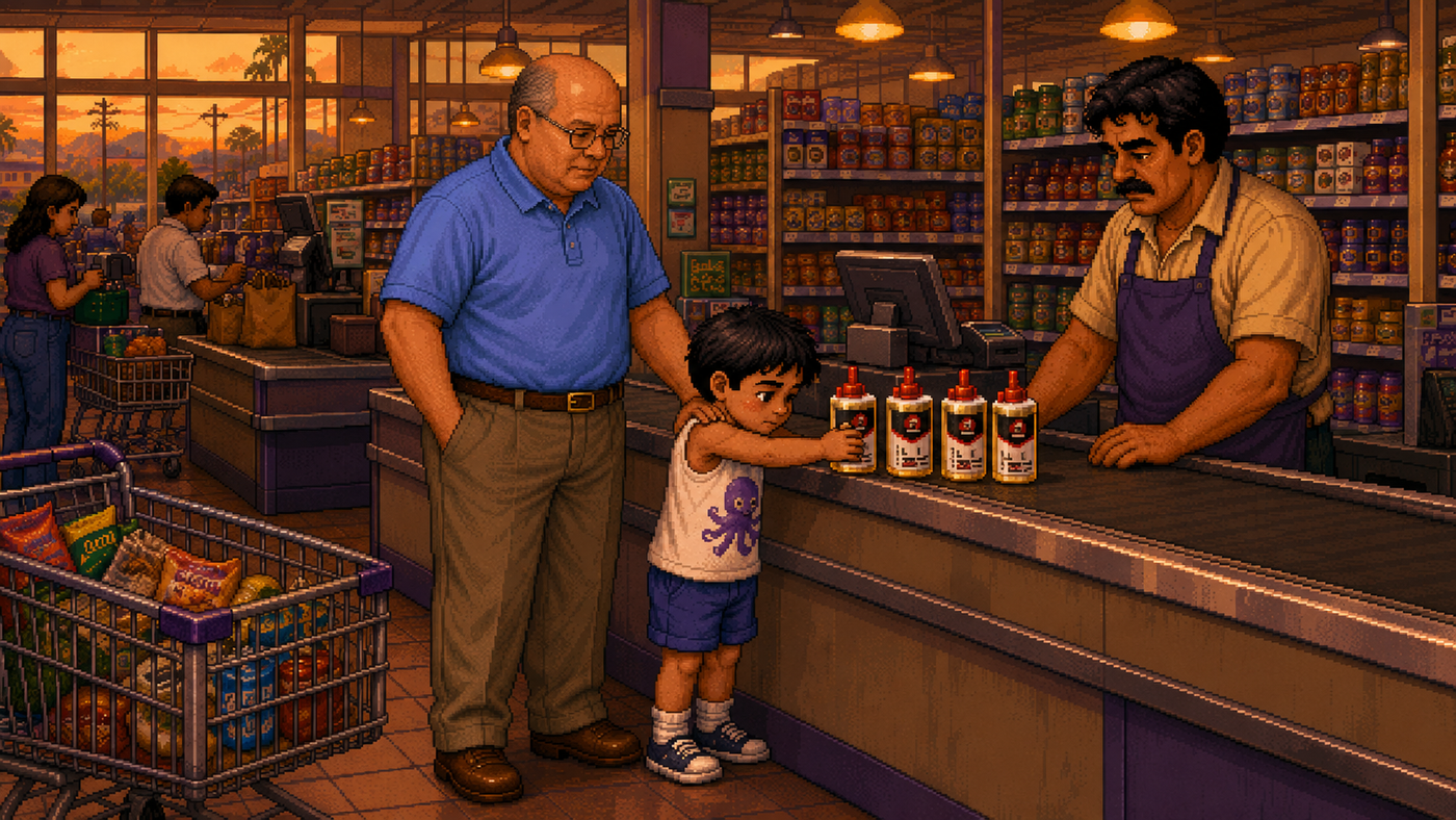 Ilustración pixel art de un niño con camiseta de tirantes devolviendo cuatro frasquitos de aceite sobre el mostrador de una tienda, con su papá detrás sosteniéndole el hombro y el tendero observando.