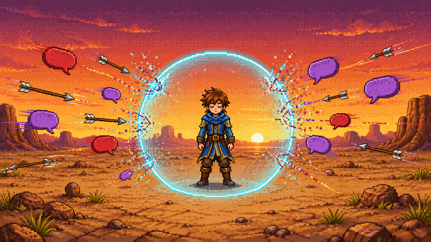 Ilustración pixel art de un personaje de pie con los ojos cerrados dentro de un escudo circular de luz cian, mientras flechas y globos de diálogo rojos y morados chocan contra el escudo y se deshacen en chispas.