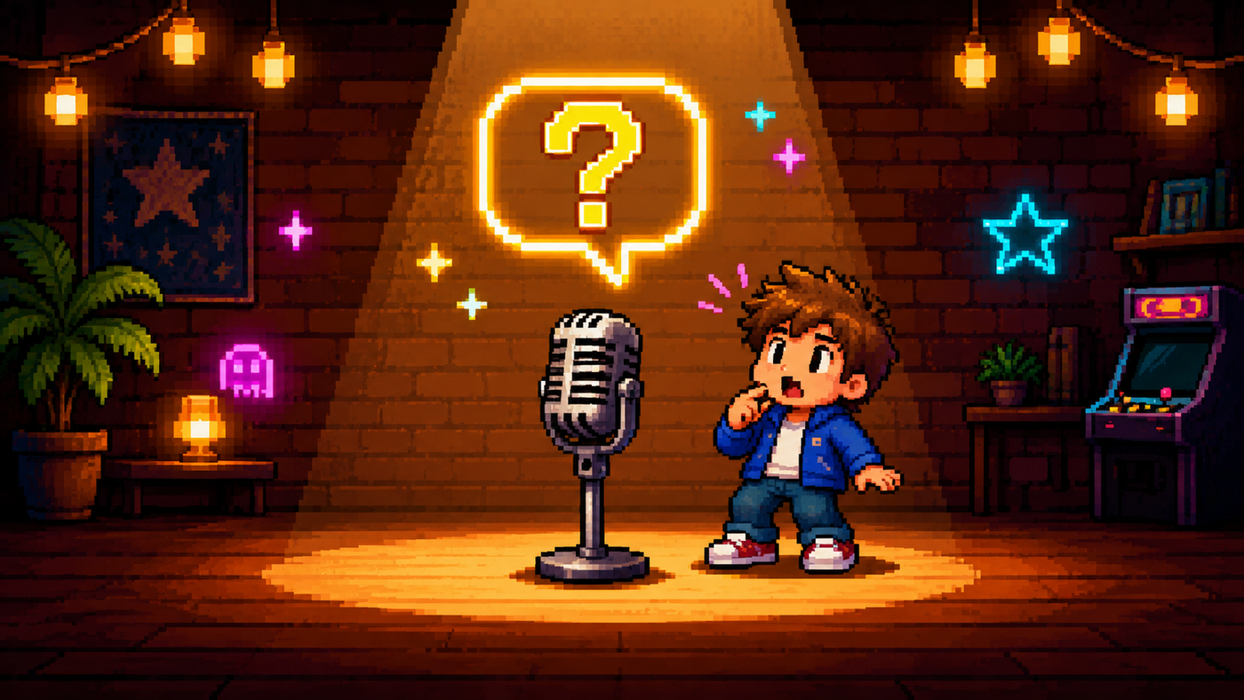 Pixel art de un personaje sorprendido junto a un micrófono de podio, bajo un globo de diálogo con un signo de interrogación