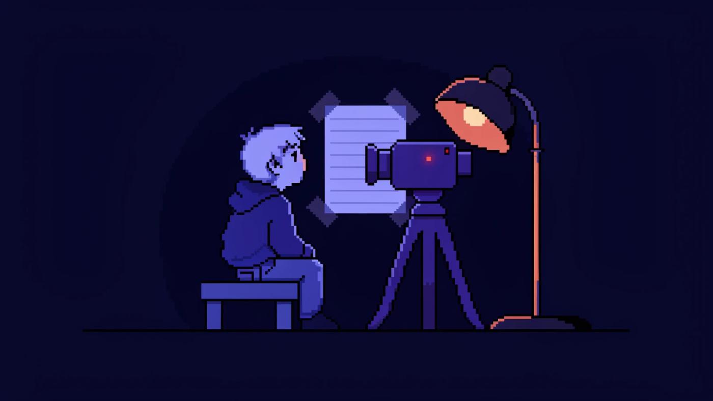 Ilustración pixel art de un personaje con sudadera sentado en un banco frente a una cámara antigua con la luz roja de grabación encendida; detrás de la cámara, a la altura del lente, brilla una hoja con renglones pegada con cinta, en un cuarto en penumbra con una lámpara naranja.