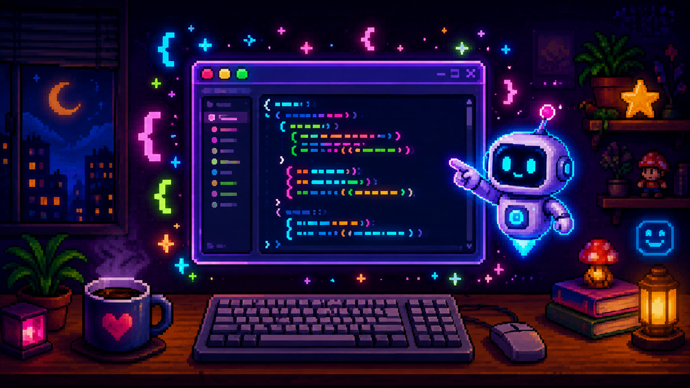 Pixel art de un editor de código retro con un pequeño robot de inteligencia artificial flotando que señala el código