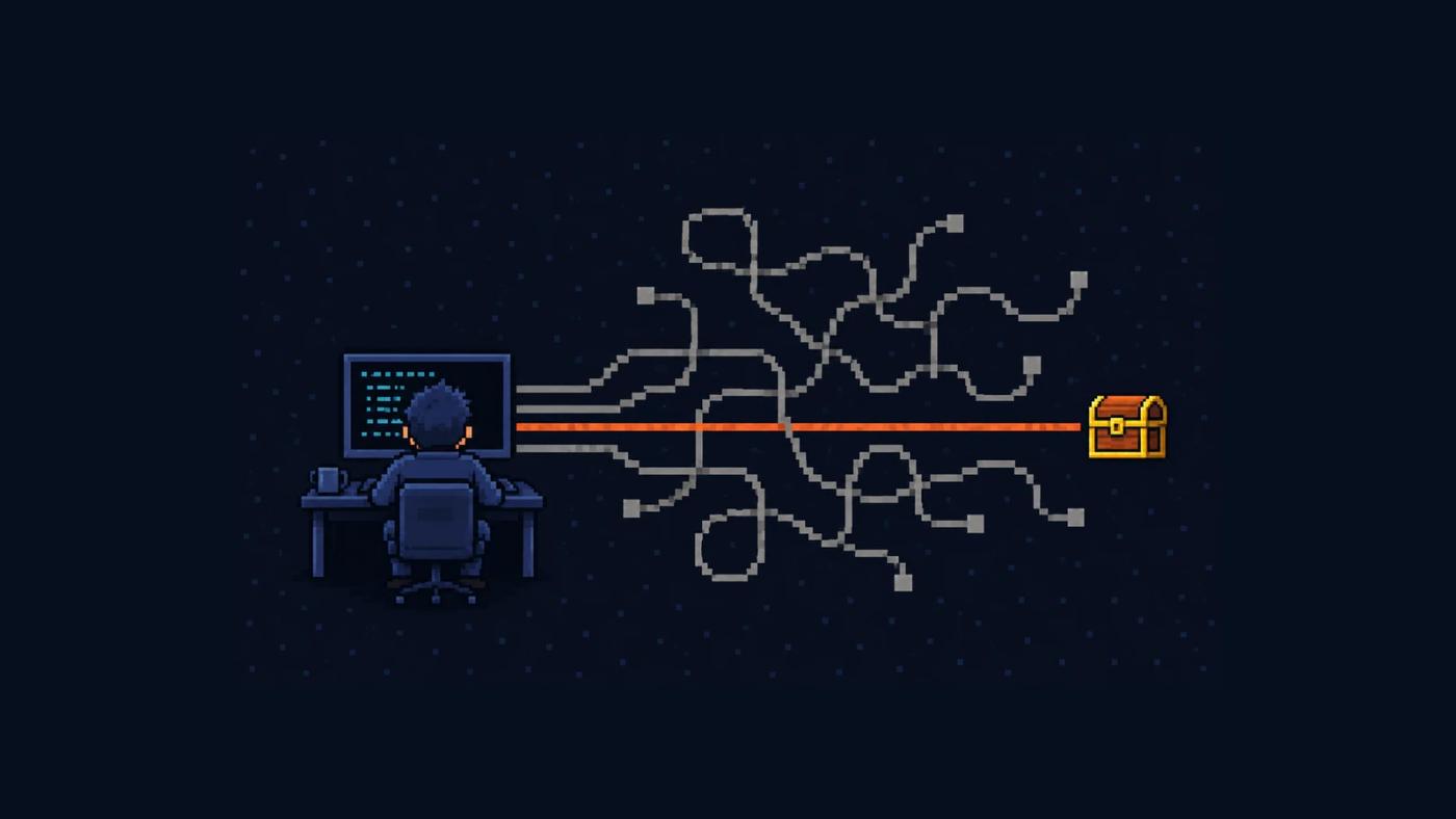 Ilustración pixel art de un programador frente a una computadora al que se le ramifican caminos de píxeles en varias direcciones, mientras un solo camino recto y naranja llega directo a la pantalla.