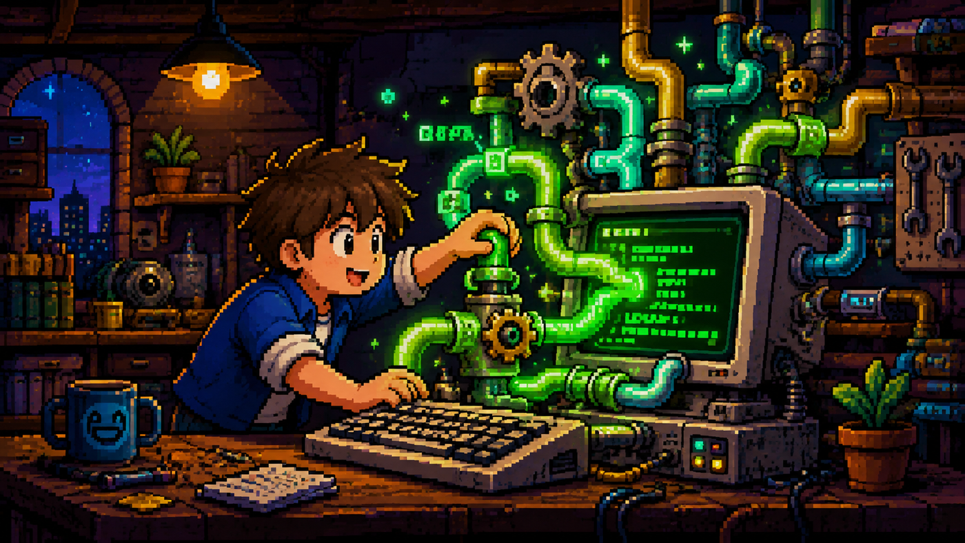 Pixel art de un personaje metiendo las manos a una máquina de tuberías y engranajes conectada a una computadora con código