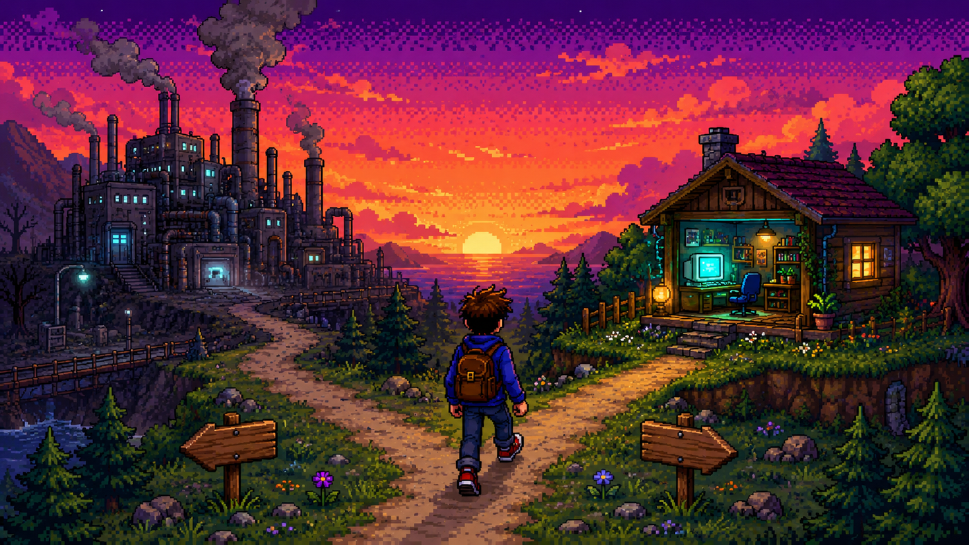 Ilustración pixel art de un estudiante con mochila, de espaldas, en una bifurcación al atardecer: a la izquierda una fábrica gris con chimeneas humeando, a la derecha una cabaña cálida con una computadora encendida.