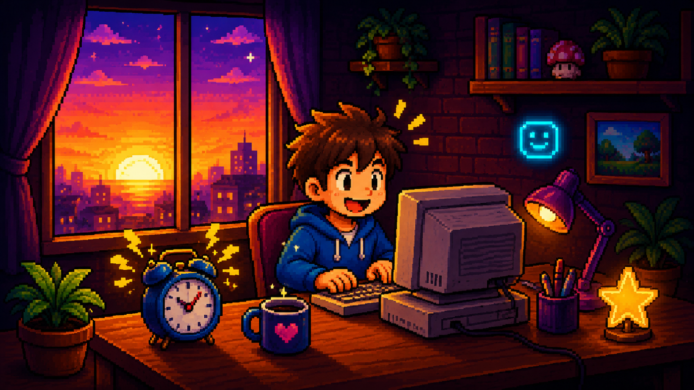 Pixel art de un personaje trabajando feliz en su escritorio al amanecer, con un despertador sonando junto a la computadora