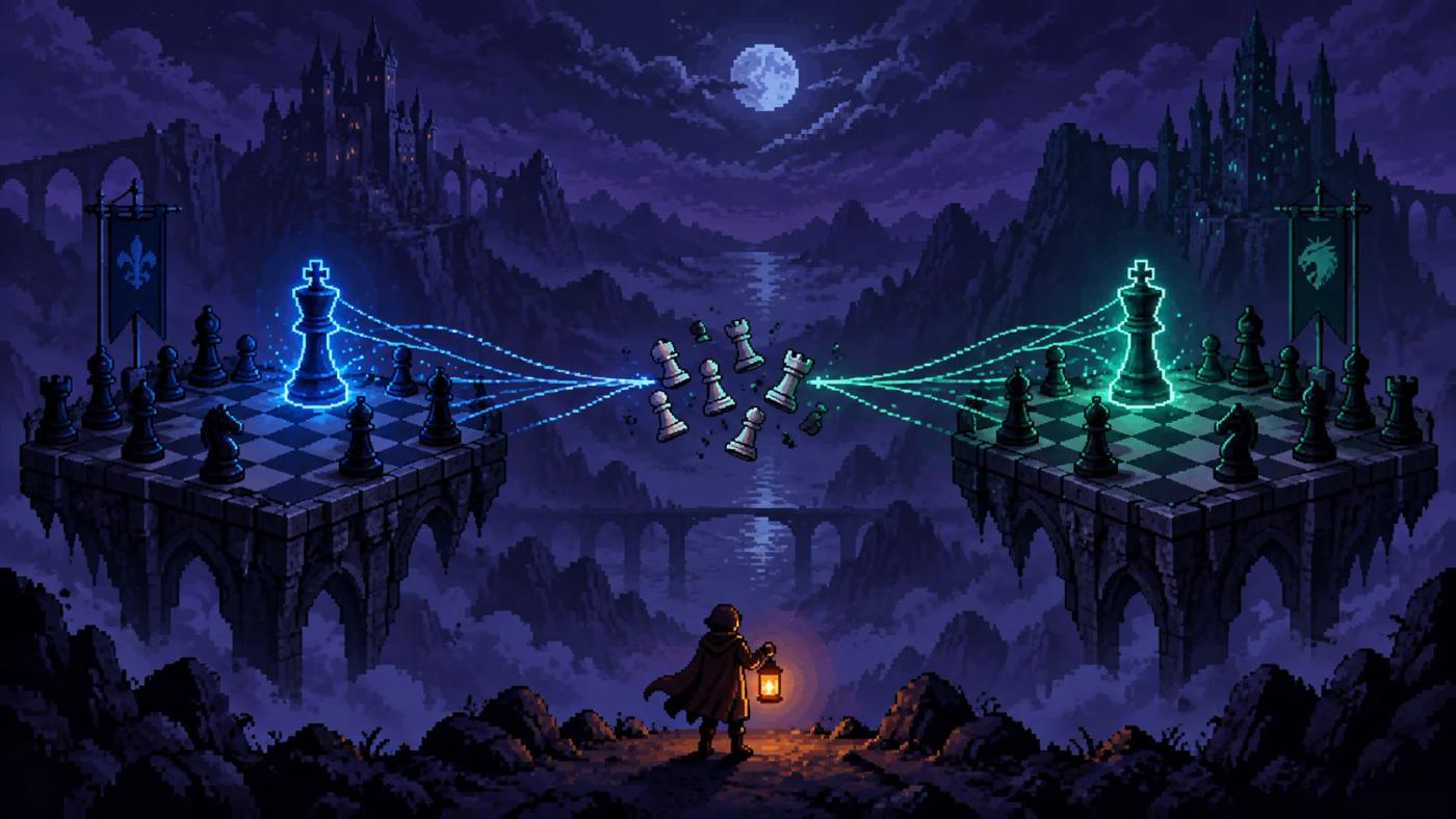 Ilustración pixel art de dos tableros de ajedrez separados, cada uno con su propio rey iluminado tirando de las mismas piezas hacia lados opuestos, y al centro una figura pequeña con un farol naranja mirando a los dos.