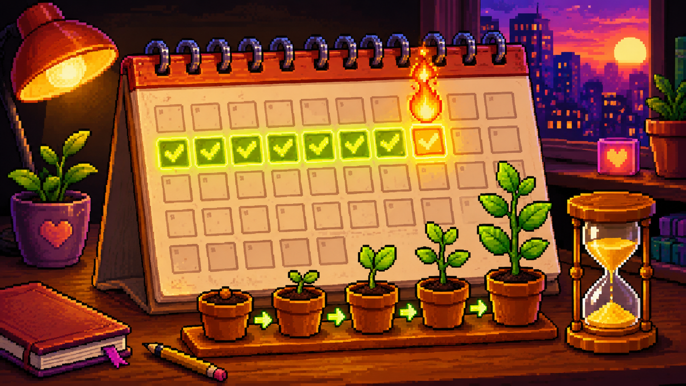 Pixel art de un calendario con una racha de días marcados y una llama, junto a plantitas que crecen día con día y un reloj de arena