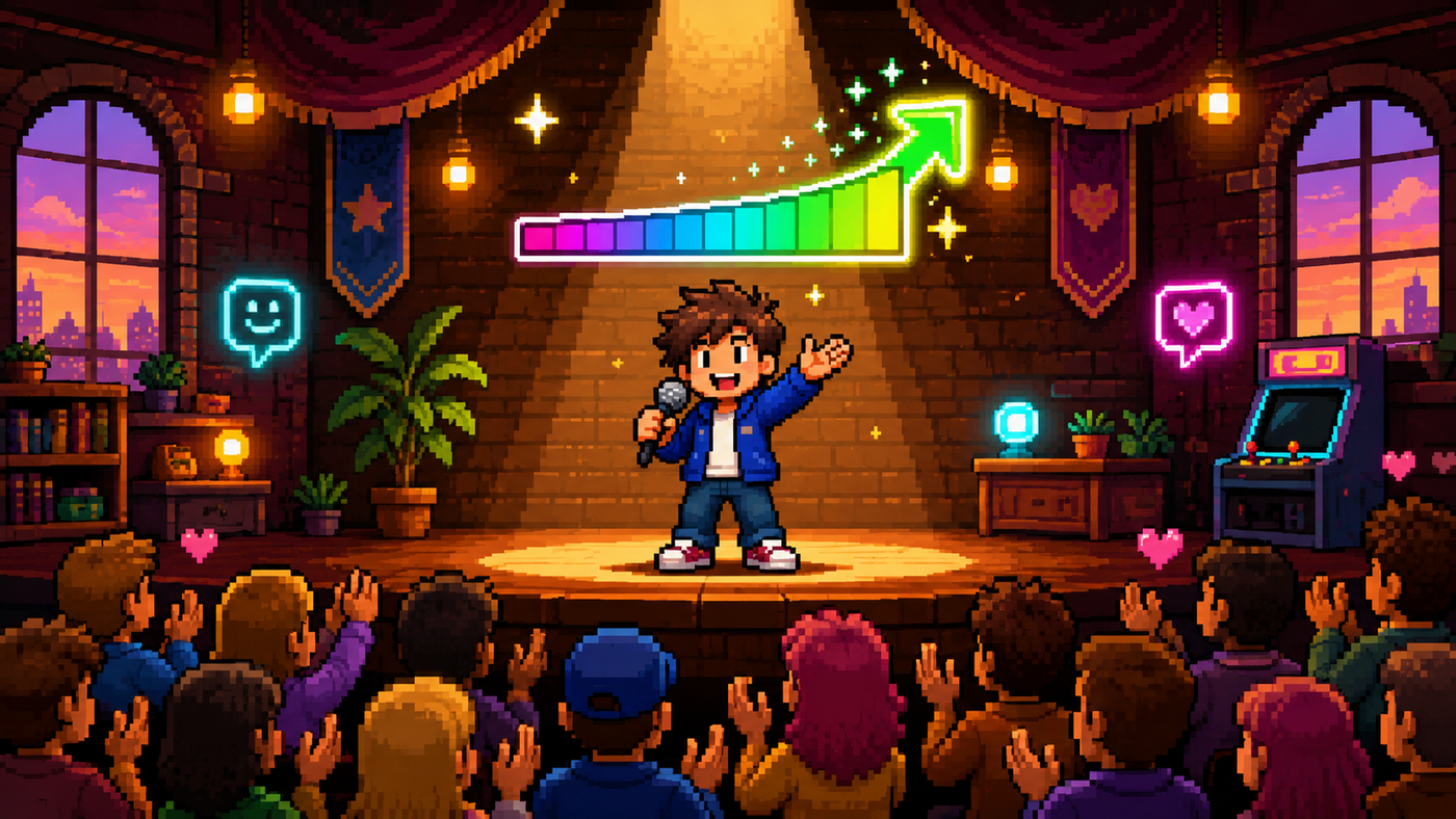 Pixel art de un personaje en un escenario con micrófono frente a un público que aplaude, con una barra de progreso subiendo