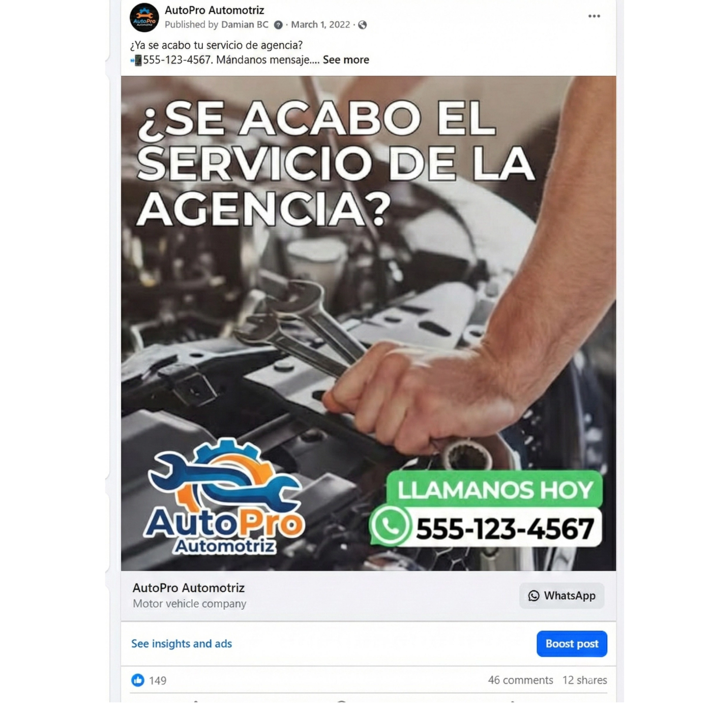 Ejemplo del primer anuncio ganador en Facebook Ads para un taller mecánico, donde un mensaje claro filtró al público y atrajo a las personas correctas en lugar de solo buscar volumen de mensajes.