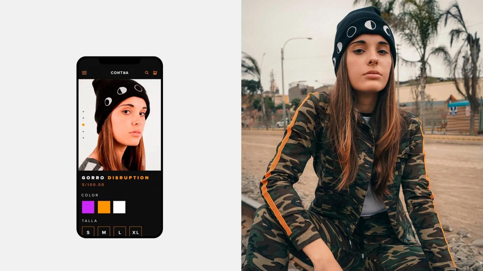 Fotografía de modelo con outfit urbano y gorro negro junto a pantalla de aplicación móvil mostrando producto de moda