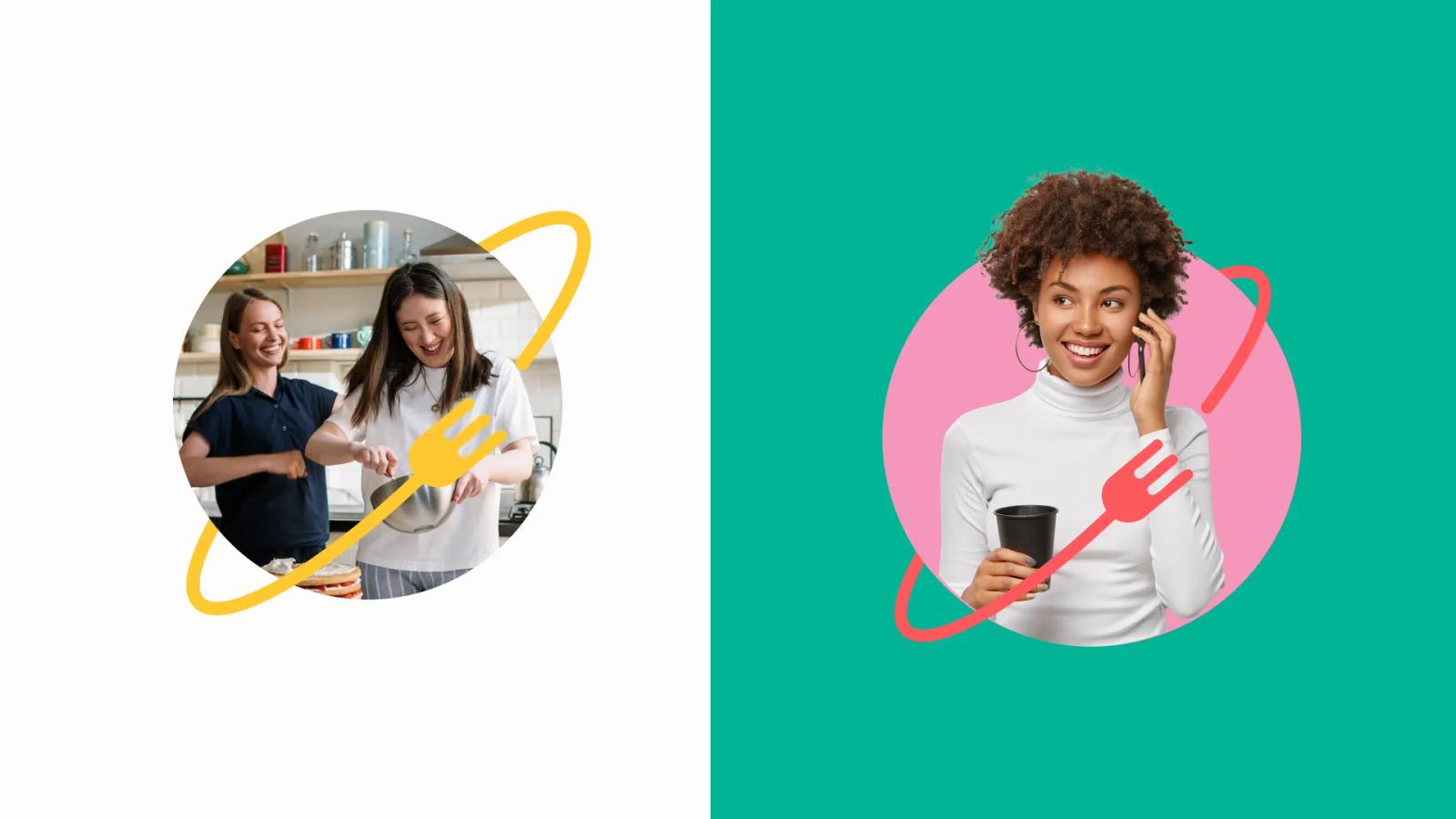 Ilustraciones circulares con personas usando la aplicación en contexto cotidiano