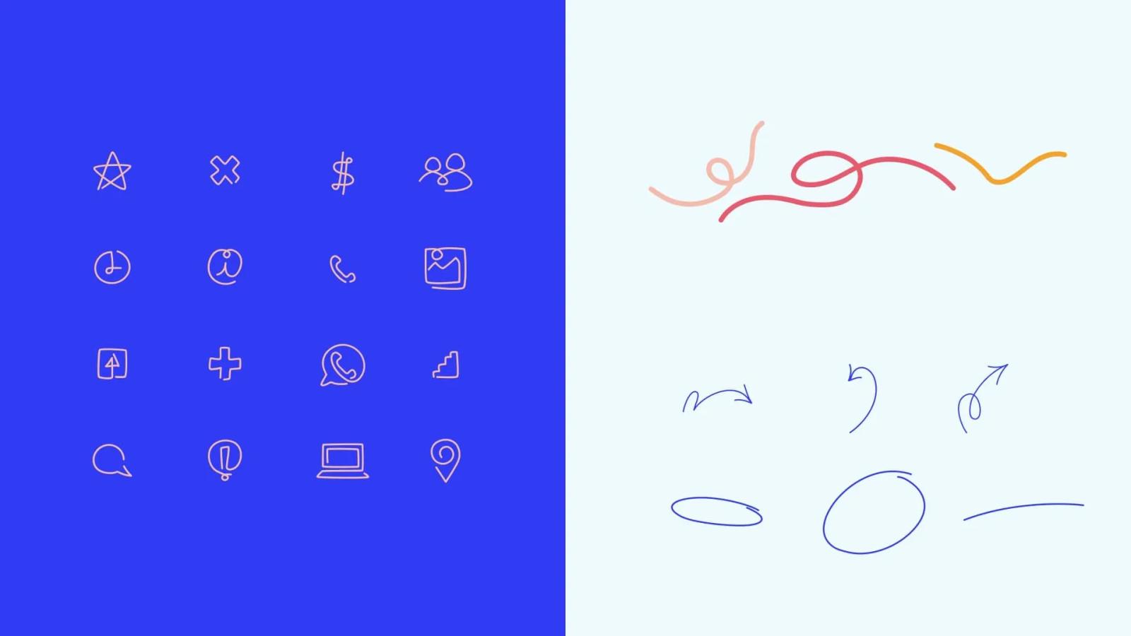 Colección de elementos gráficos estilo doodle dividida en dos partes: a la izquierda sobre fondo azul eléctrico, una cuadrícula de íconos lineales en rosa pálido que incluye estrellas, dispositivos y símbolos de interfaz
