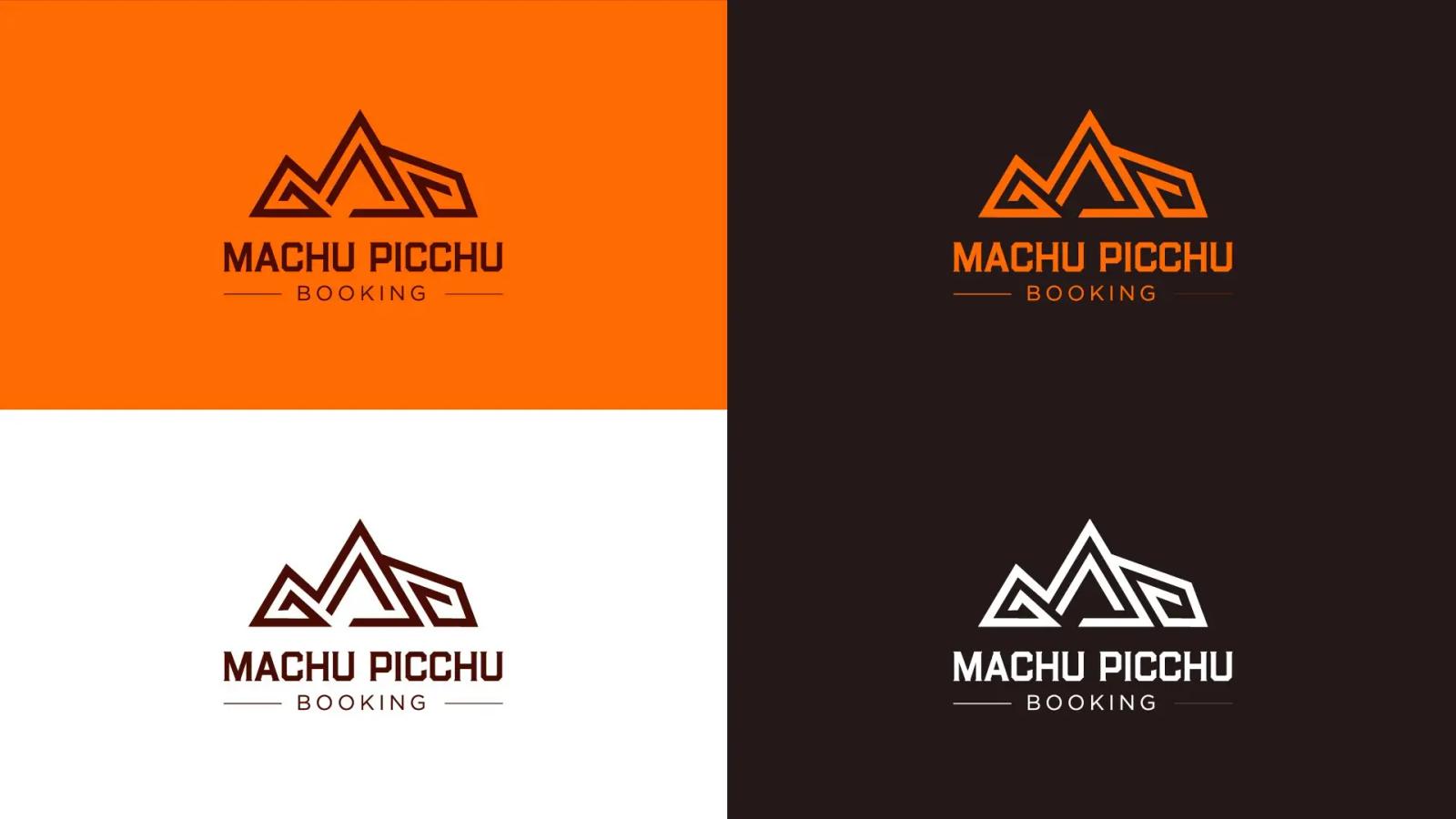 Variaciones del sistema visual de marca Machu Picchu Booking con colores tierra y acentos naranja