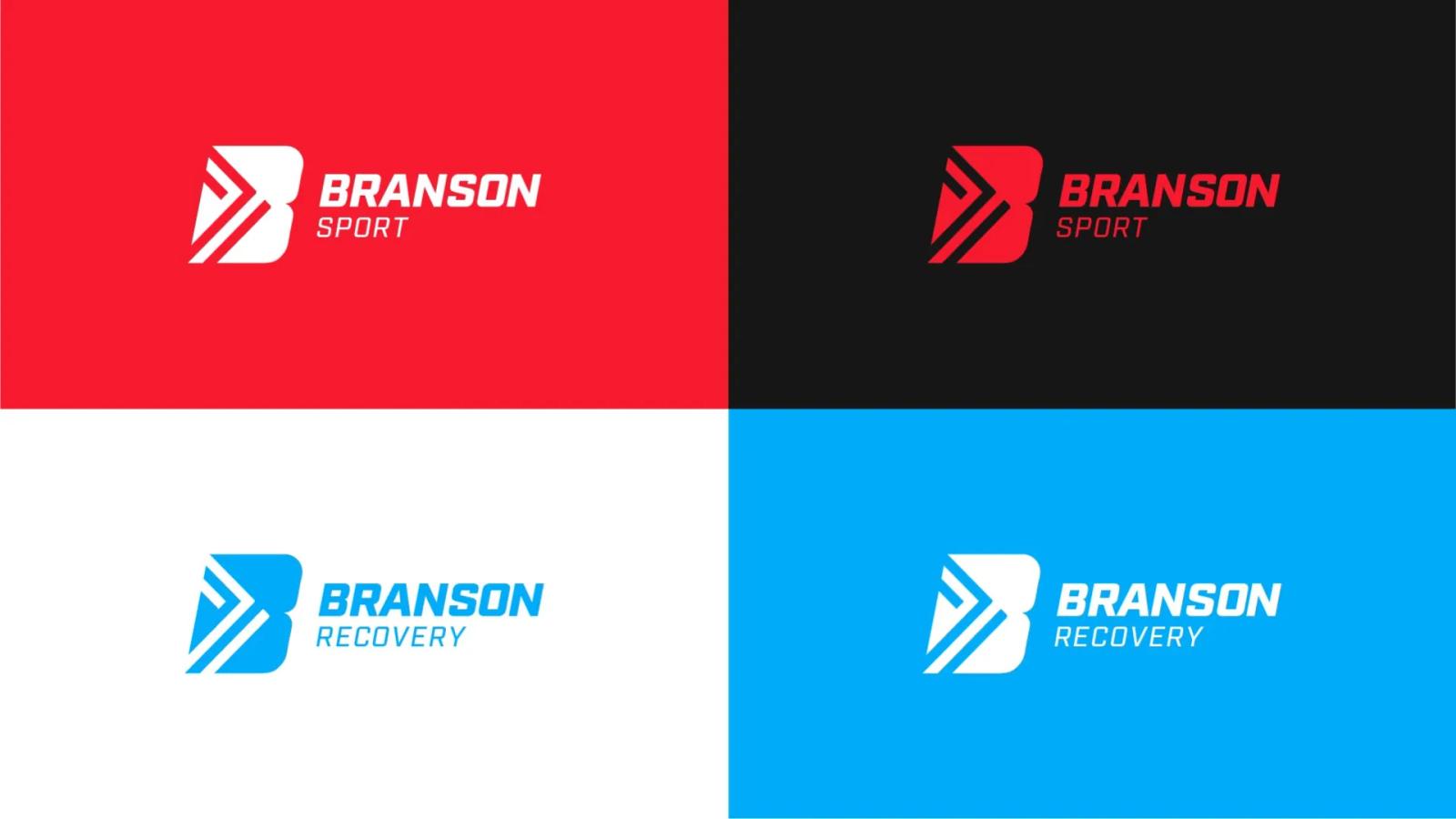 Variaciones de logotipo Branson Sport en distintos colores corporativos