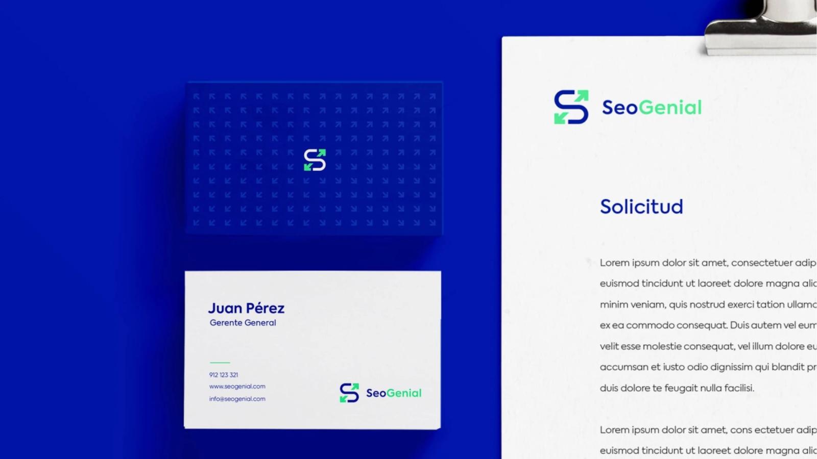 Diseño de tarjetas corporativas y hoja membretada con identidad de SEO Genial