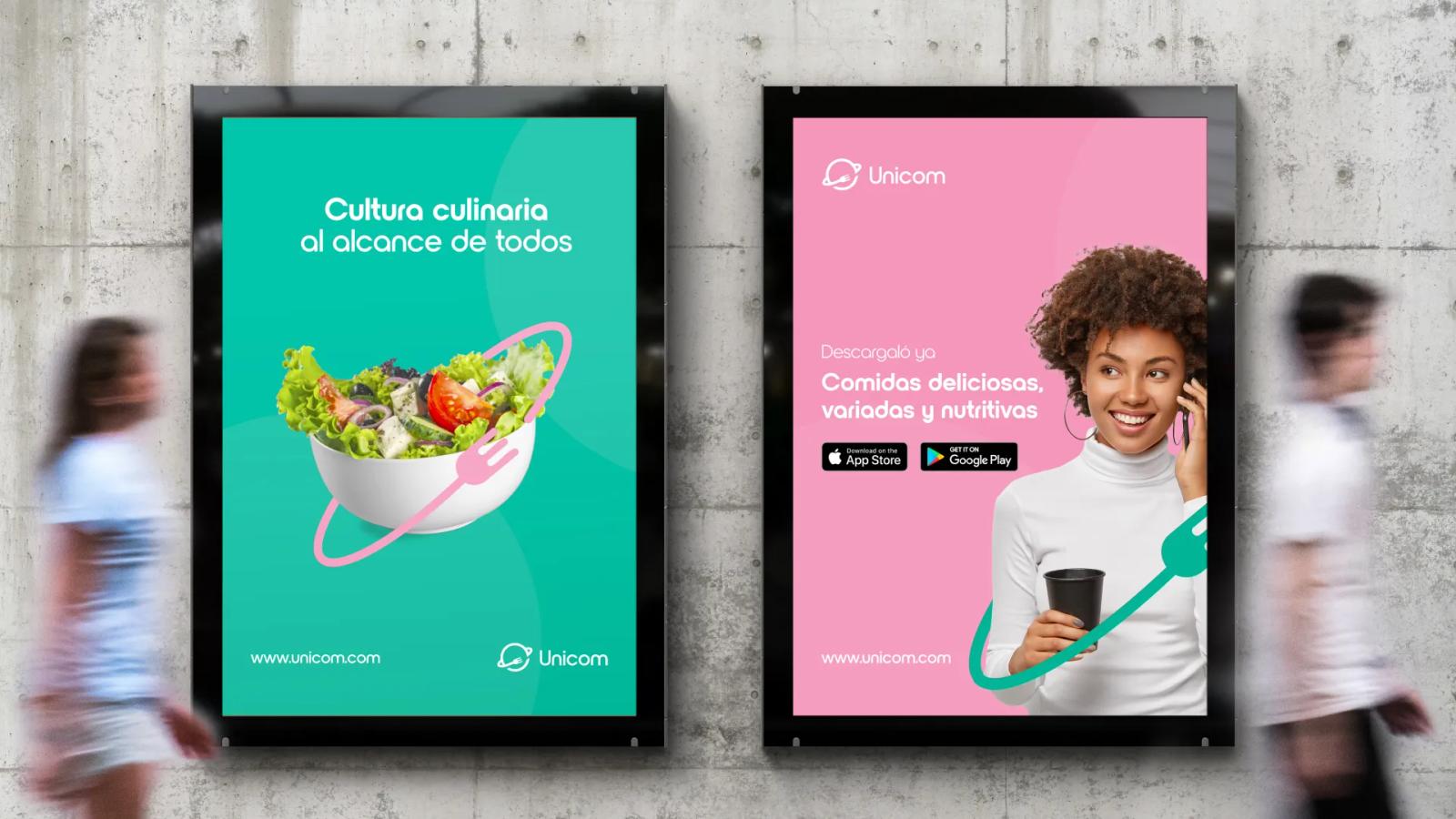 Publicidad exterior con pantallas mostrando la aplicación y colores de marca