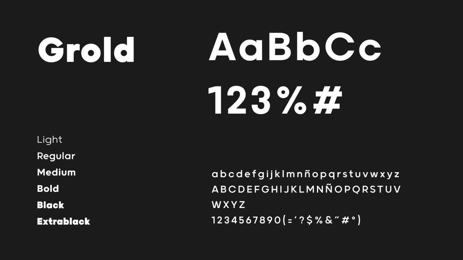 Presentación de la tipografía Grold mostrando sus pesos desde Light hasta Extrablack con muestras del alfabeto y números en blanco sobre fondo negro minimalista