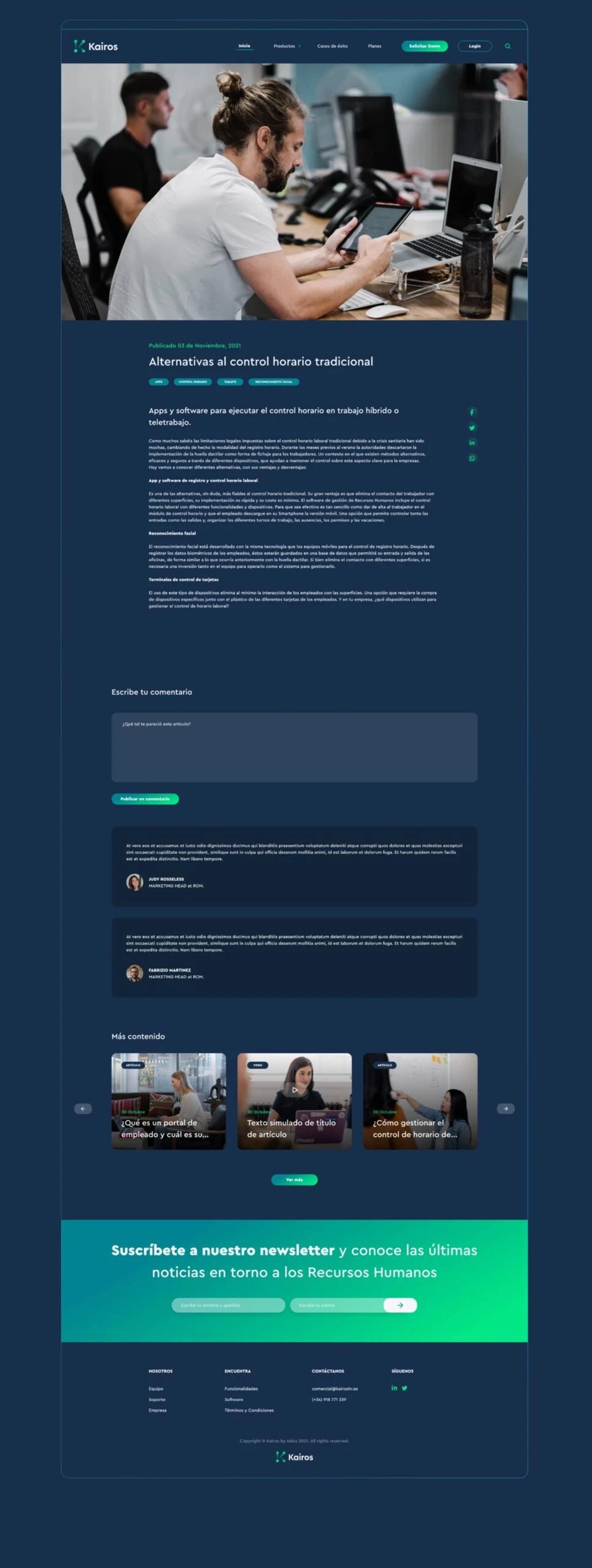 Diseño de página de blog de Kairos con artículo sobre control horario tradicional fotografía de hombre trabajando sección de comentarios artículos sugeridos y pie de página con suscripción a newsletter sobre fondo oscuro