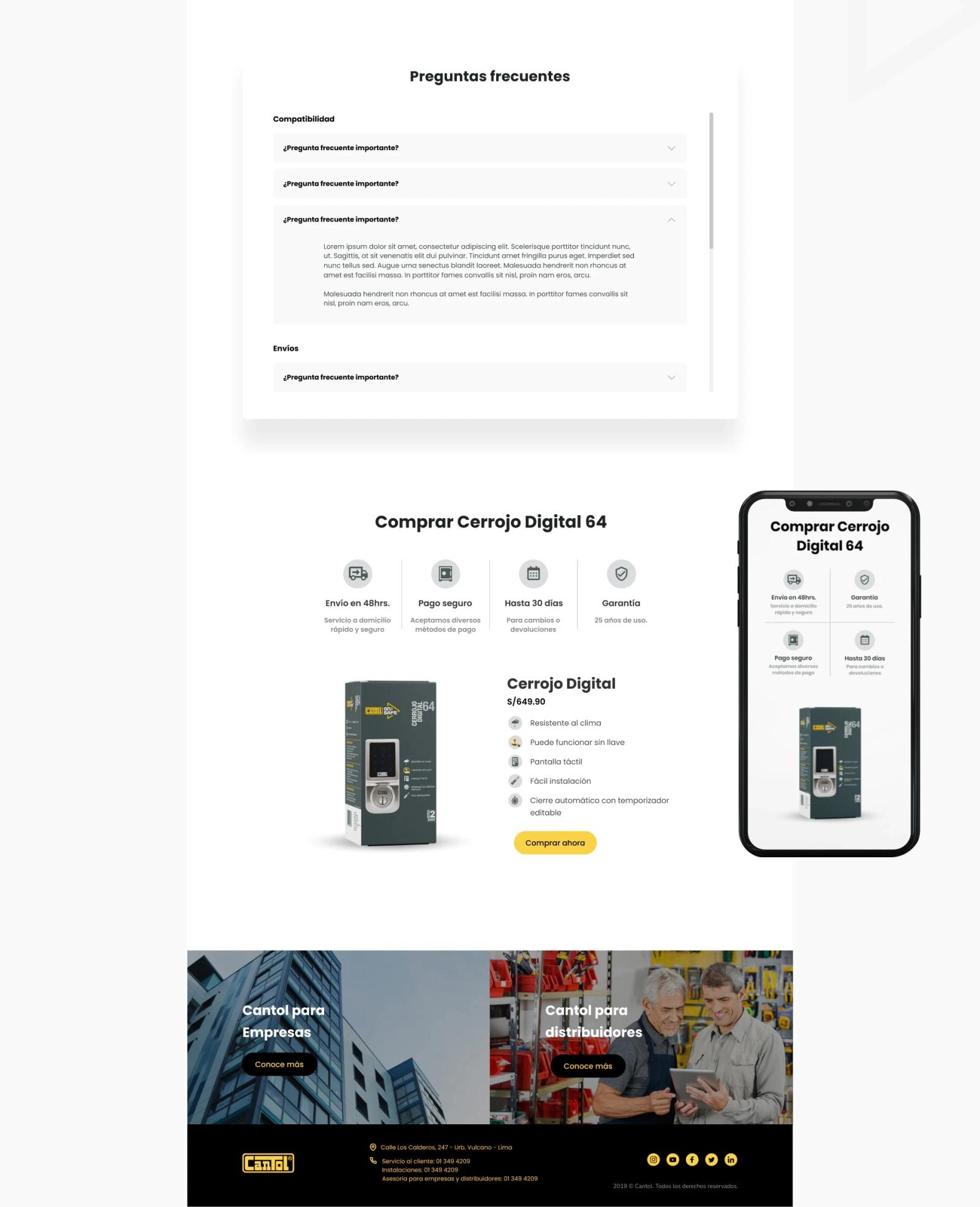 Diseño de interfaz web promocional dividido en dos secciones: la superior blanca titulada 'Instálalo tu mismo' muestra gráficos de herramientas y una vista móvil; la inferior gris oscura presenta el 'Cerrojo todo terreno' con imágenes de producto
