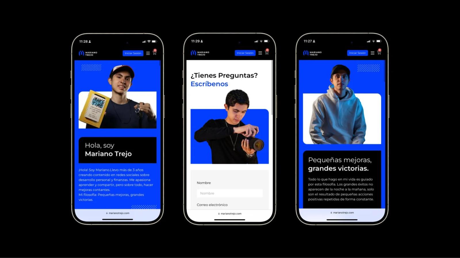 Tres interfaces móviles verticales con diseño azul y blanco: la primera presenta una biografía personal con fotografía, la segunda un formulario de contacto titulado '¿Tienes Preguntas?' y la tercera una sección de filosofía con una frase motivacional