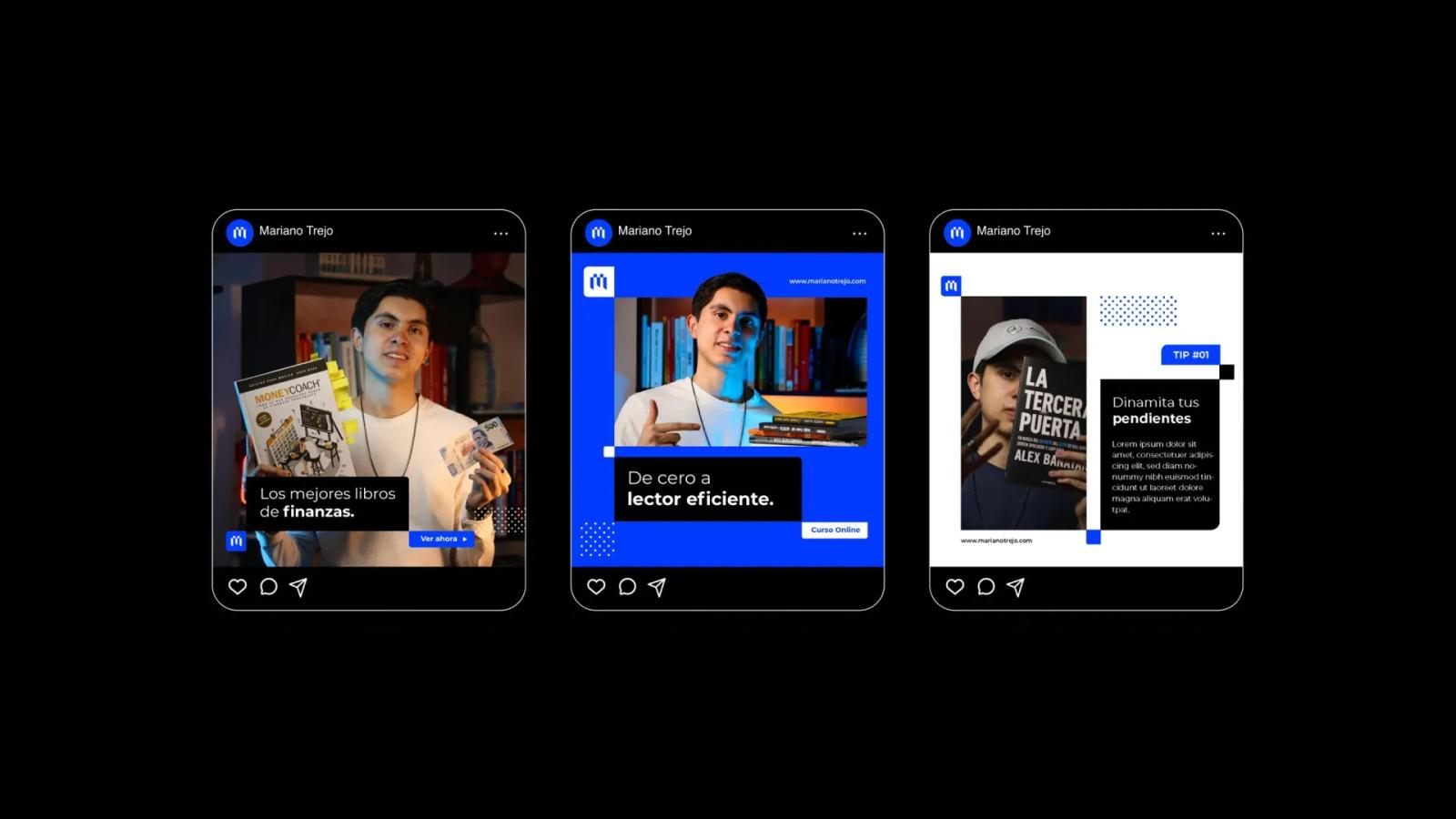 Tres diseños cuadrados para redes sociales con estética azul y blanca: el primero promociona libros de finanzas, el segundo anuncia un curso de lectura eficiente y el tercero ofrece consejos para gestionar tareas pendientes