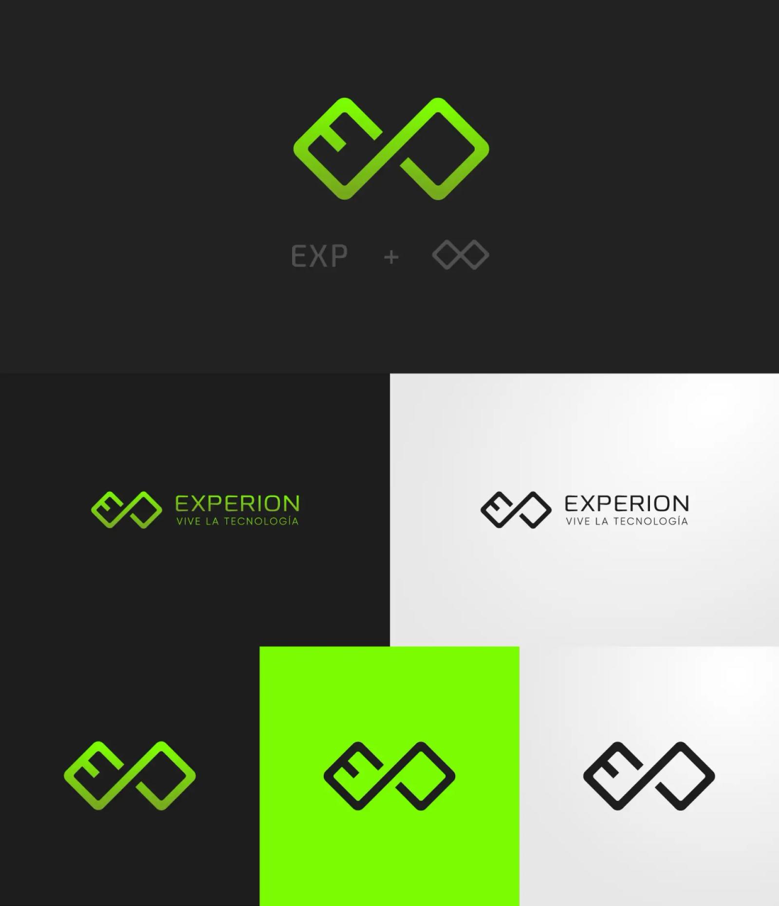 Variaciones de logotipo en fondo oscuro y blanco con acentos verdes