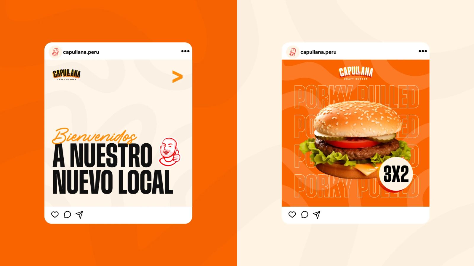 Dos diseños de publicaciones de redes sociales de Capullana anunciando nuevas promociones y una oferta 3x2 de la hamburguesa Crazy Bacon