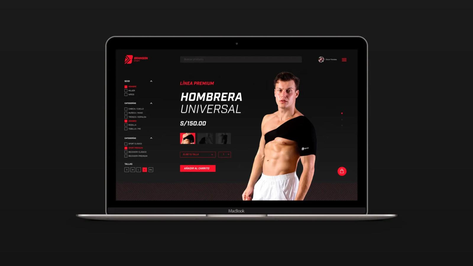 Interfaz web de marca deportiva Branson Sport visualizada en laptop