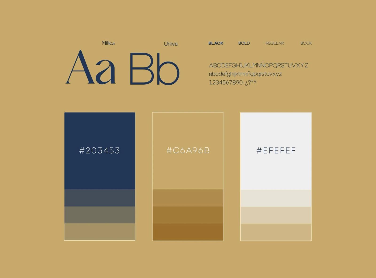 Presentación de identidad visual exhibiendo tipografías Miltea y Univa junto a la paleta de colores corporativa en bloques azul oscuro dorado y blanco con sus códigos hexadecimales sobre fondo beige