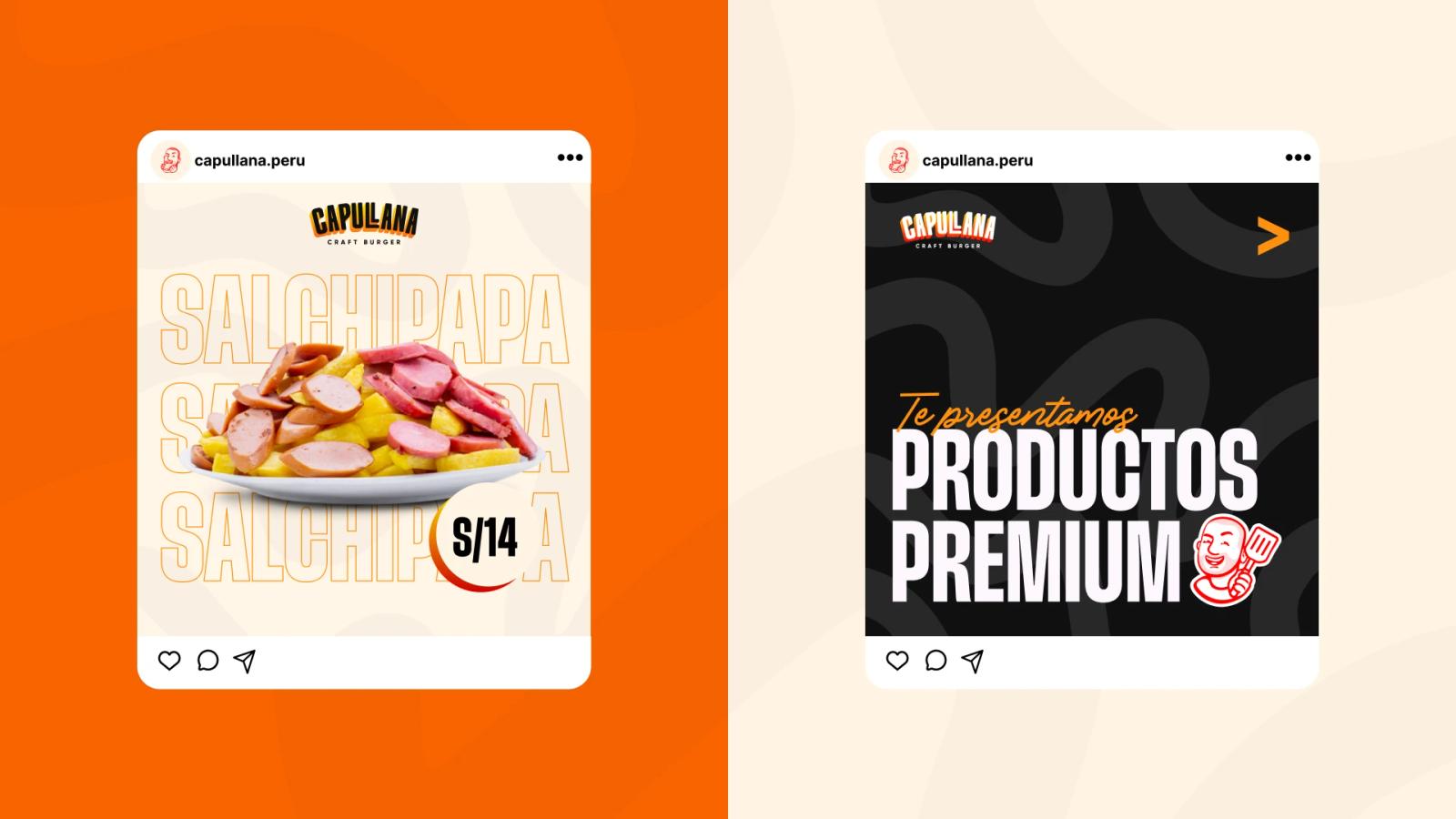 Dos publicaciones de Instagram de Capullana Craft Burger, una promocionando una salchipapa a 14 soles y otra anunciando productos premium