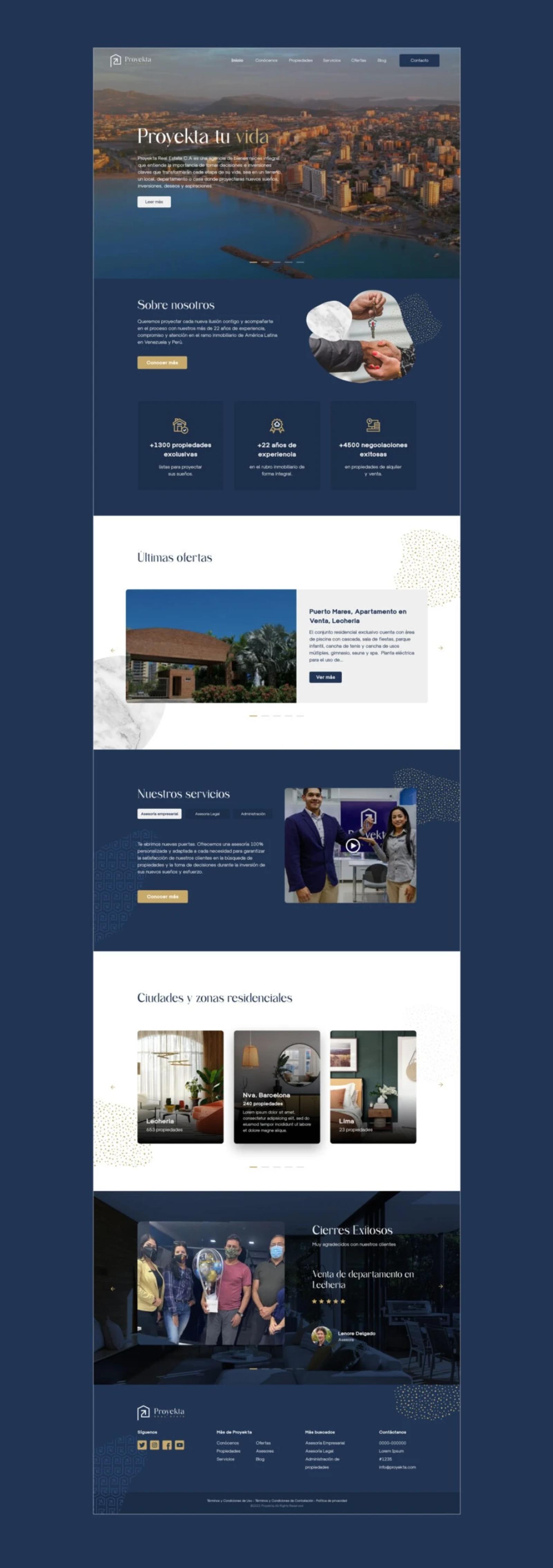 Página web completa de Proyekta Real Estate con diseño profesional en azul y blanco mostrando secciones de servicios catálogo de propiedades inmobiliarias testimonios de clientes y pie de página informativo