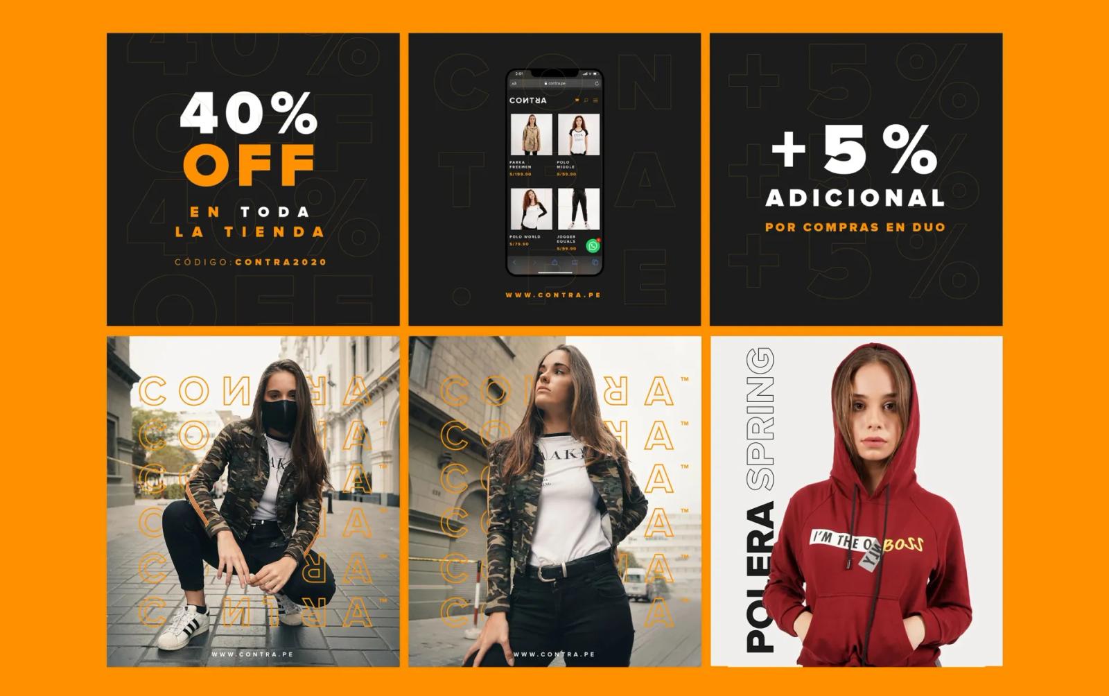 Cuadrícula de seis piezas gráficas para redes sociales de una marca de ropa: tres superiores con anuncios de descuentos y una interfaz móvil, y tres inferiores mostrando modelos con prendas urbanas sobre un fondo naranja