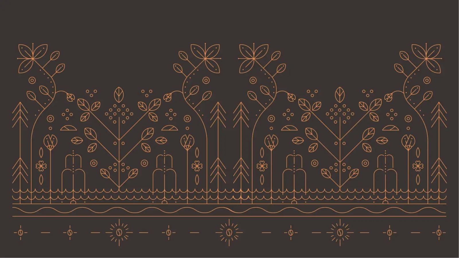 Ilustración lineal decorativa inspirada en paisaje cafetalero