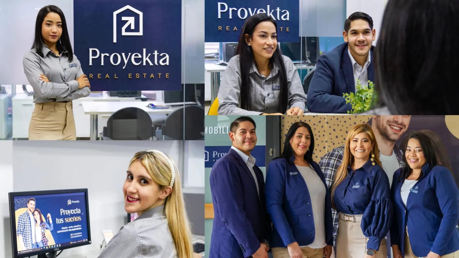 Collage del equipo de Proyekta Real Estate trabajando en oficinas modernas atendiendo clientes y posando en grupo con uniformes corporativos azules y grises