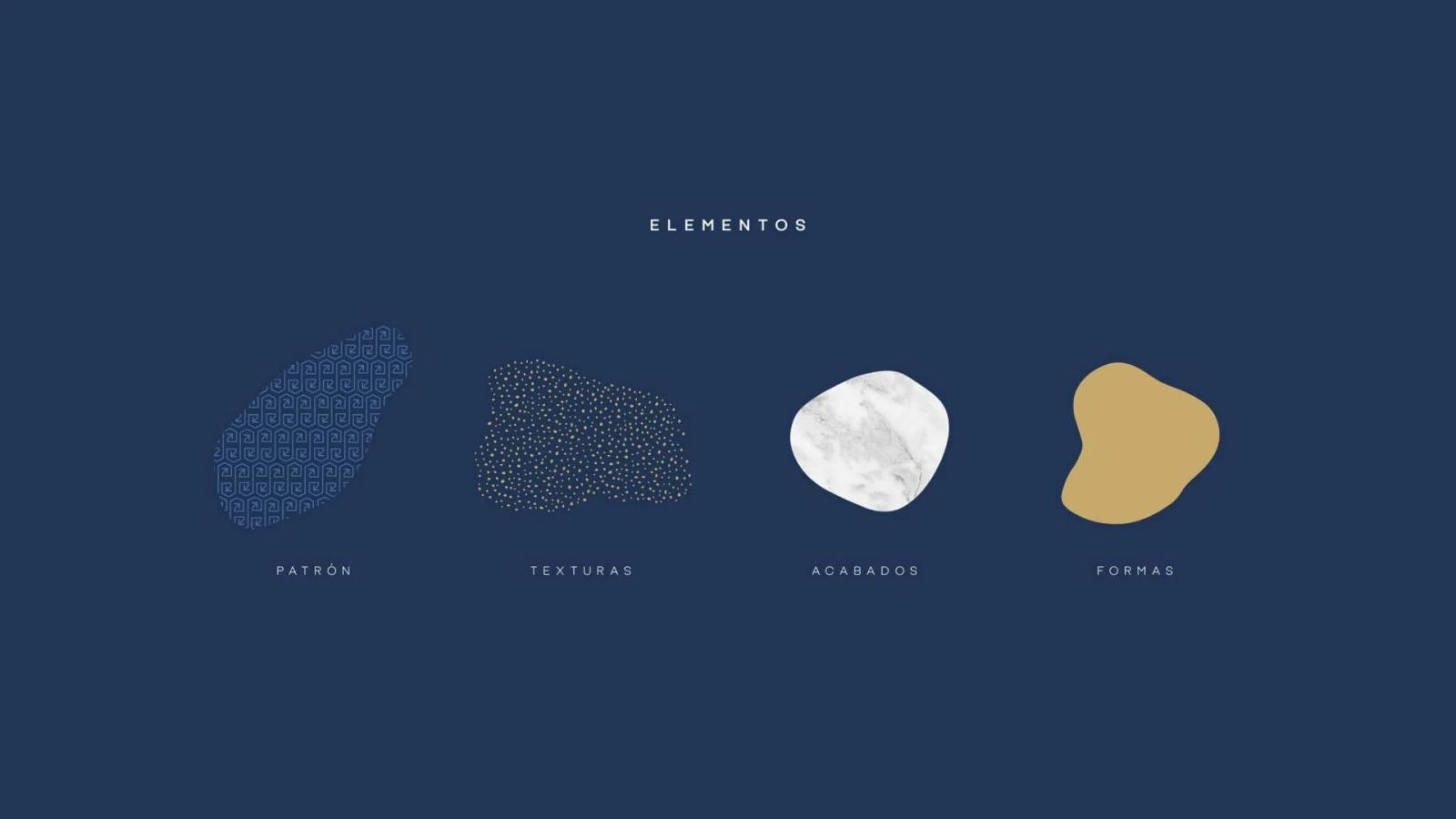 Lámina de elementos gráficos corporativos sobre fondo azul oscuro mostrando formas orgánicas con patrón geométrico texturas de puntos dorados acabado mármol y color plano dorado para identidad visual de marca