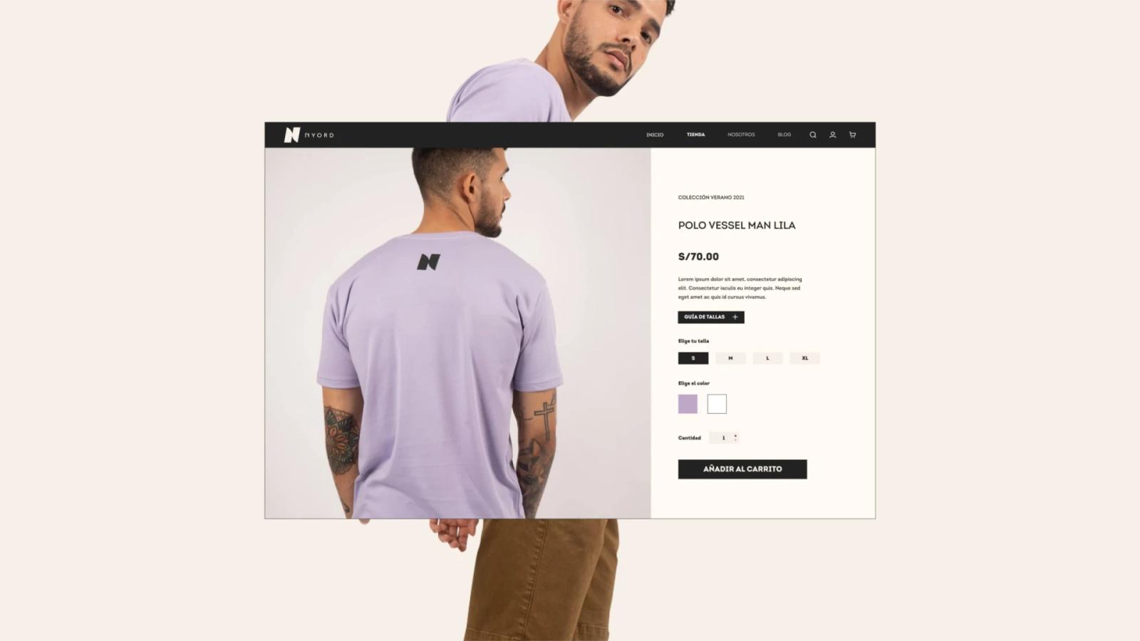 Página de producto web para la marca de moda Nyord mostrando la interfaz de compra del Polo Vessel Man Lila superpuesta sobre el modelo vistiendo la prenda en fondo crema