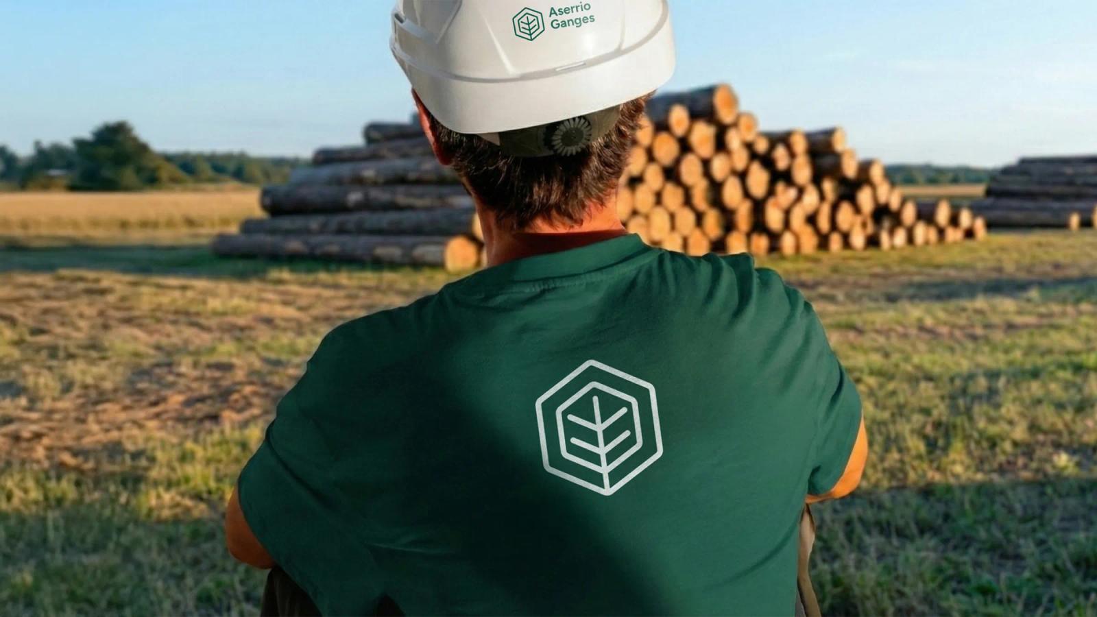 Trabajador de espaldas con uniforme verde frente a pilas de troncos