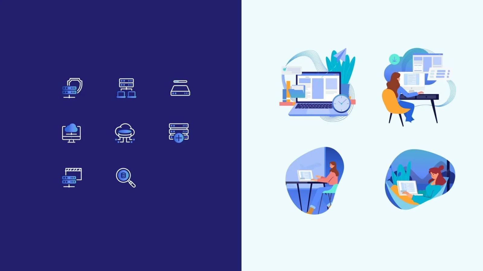 Colección de iconos lineales de servidores y tecnología sobre fondo azul oscuro junto a ilustraciones estilo flat de personas trabajando con computadoras y gestión de datos en la nube