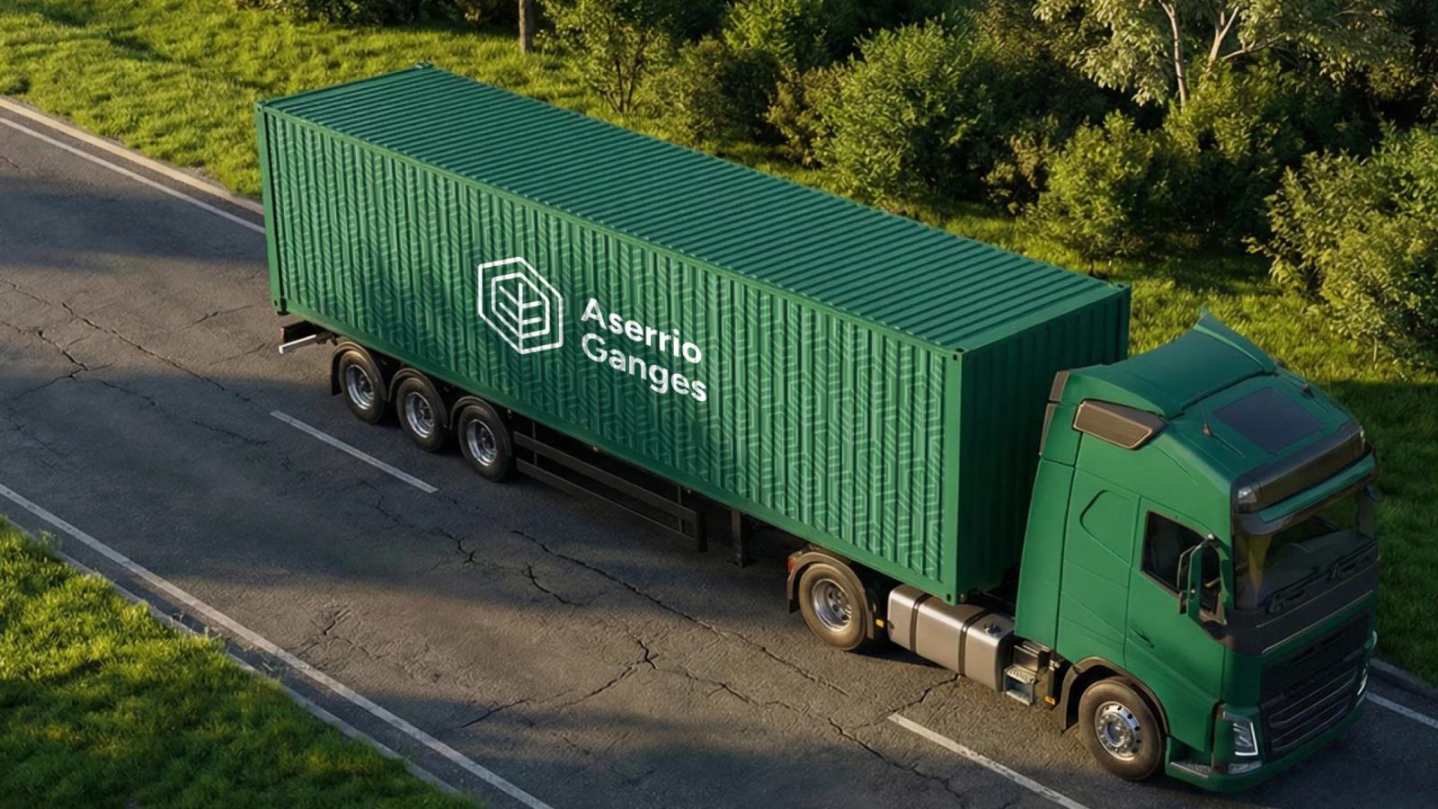 Camión verde de transporte circulando por carretera rodeada de vegetación