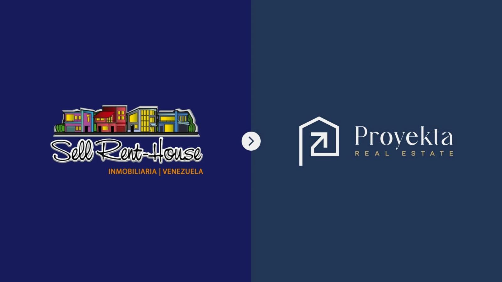 Comparativa de rediseño de marca inmobiliaria mostrando a la izquierda el logotipo antiguo colorido de Sell Rent House y a la derecha la nueva identidad minimalista y elegante de Proyekta Real Estate en azul y blanco