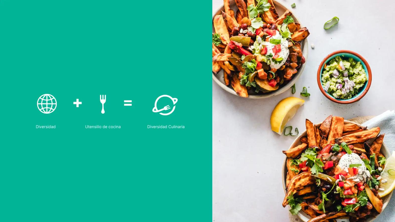 Plato de comida presentado junto a iconos gráficos sobre fondo verde de marca