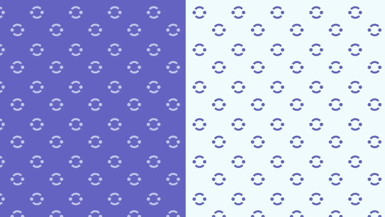 Muestra de patrones corporativos de Collabs mostrando una trama repetitiva del isotipo circular sobre fondo morado a la izquierda y sobre fondo blanco a la derecha