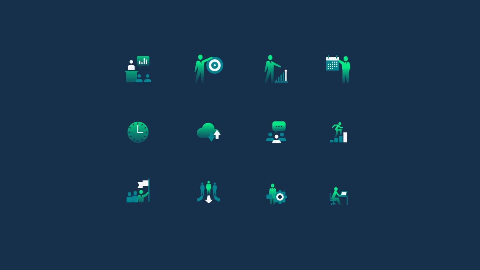 Set de iconos corporativos estilo flat con degradado verde y azul ilustrando conceptos de gestión del tiempo liderazgo productividad y oficina sobre fondo azul oscuro para la identidad de marca Kairos