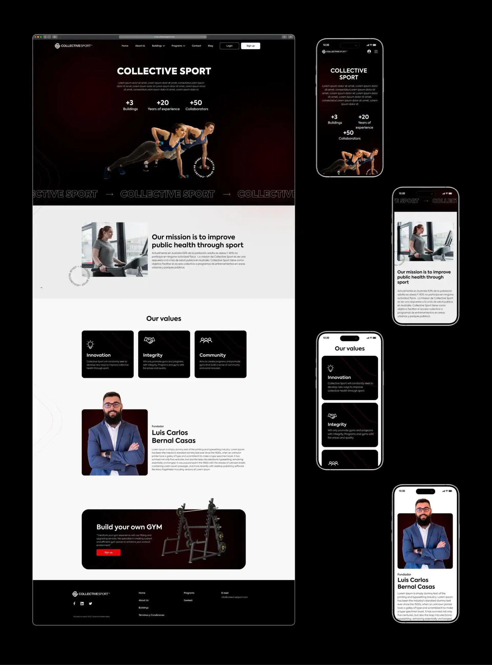 Mockup de una página de aterrizaje completa acompañada de varias pantallas de la versión móvil responsiva
