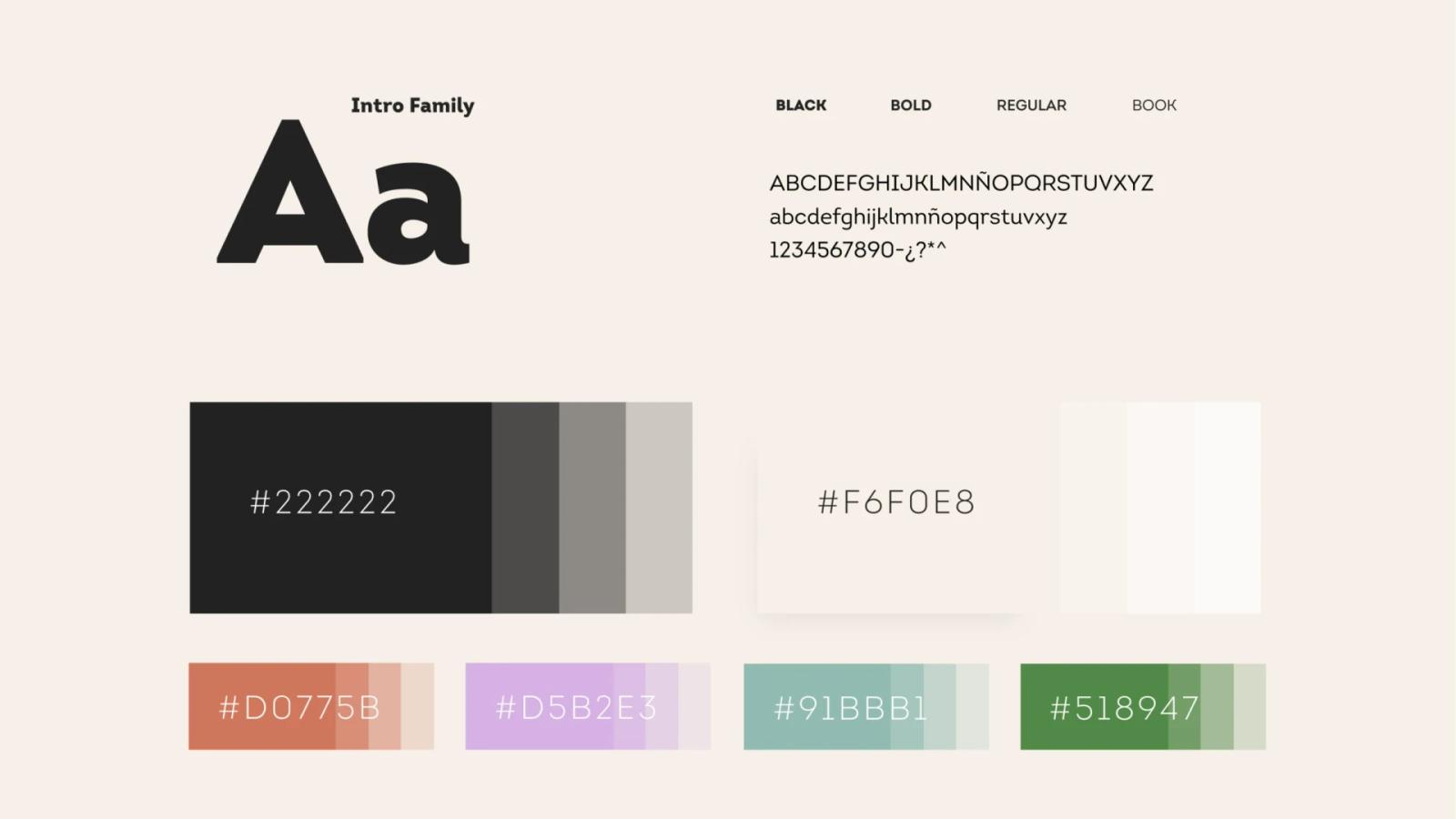 Muestra de tipografía Intro Family con sus variantes de peso y paleta de colores corporativa incluyendo códigos hexadecimales negros cremas y gamas de acento en naranja lila y verde